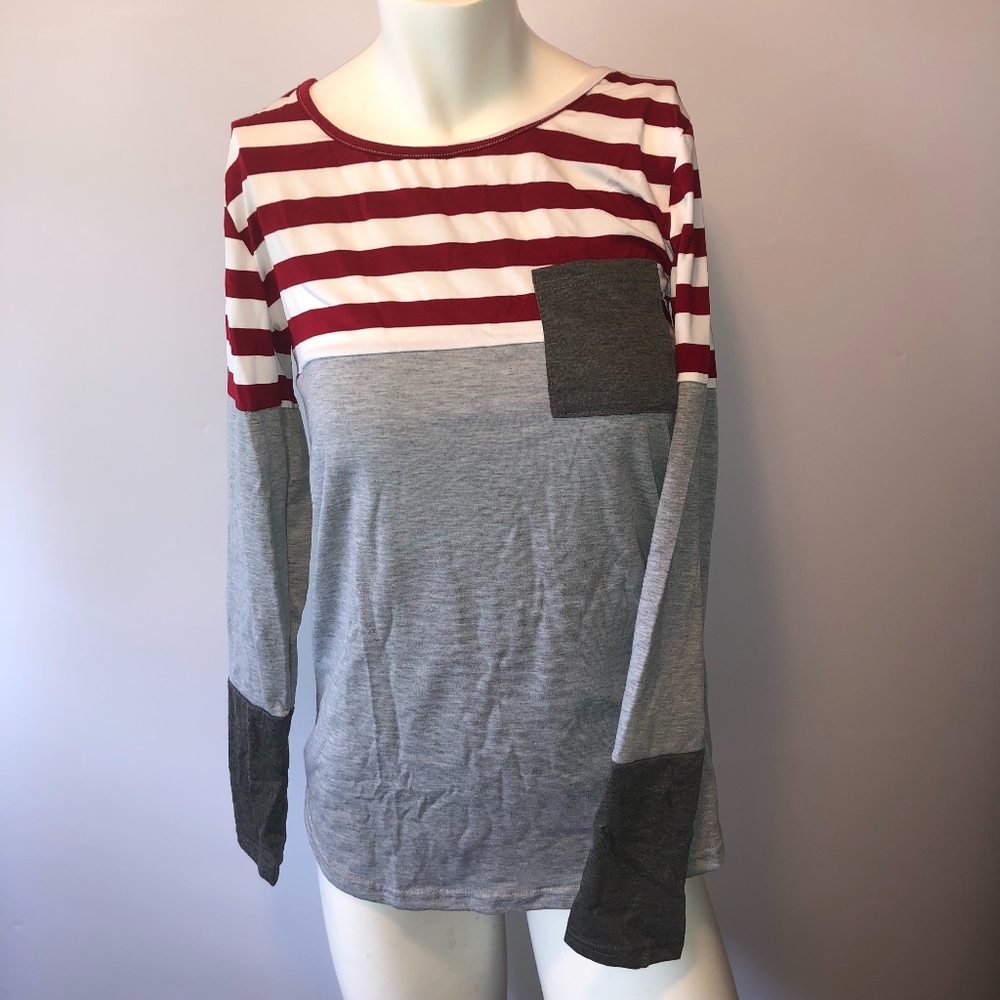Striped Crewneck T-Shirt Maroon Gray Black Size M